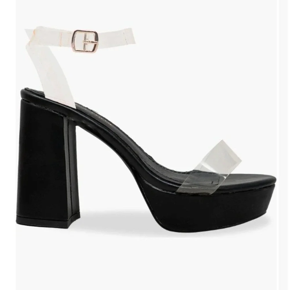 CHASE AND CHLOE Size 8.5 Black Clear Strap Platform Chunky‎ Heel Hela Sandals